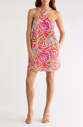 Sugarlips Romina Tropical Print Halter Neck Minidress in Pink-Orange-Blue at Nordstrom, Size X-Small