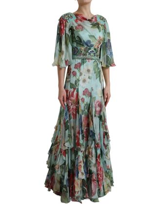 Dolce & Gabbana Womens Blue Floral Print Tiered Long Maxi Dress Silk
