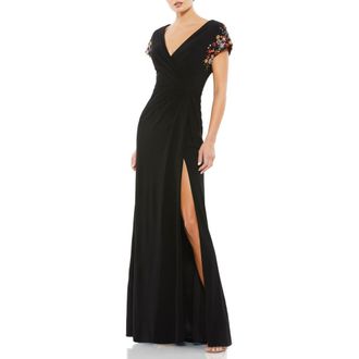 Mac Duggal Embellished Cap Sleeve Jersey Wrap Gown in Black Multi at Nordstrom, Size 14