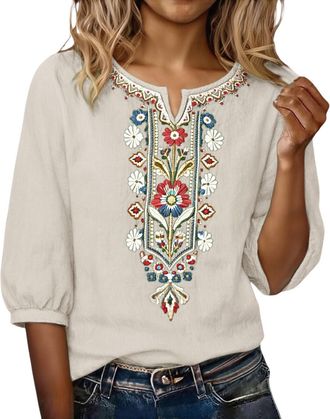 Generic Womens Linen Tops Bohemian Style Embroidered 2026 Summer Vintage Elegant Peasant 3/4 Sleeve Round Neck Shirts Loose Fit Lightweight Fashion Casual Blo