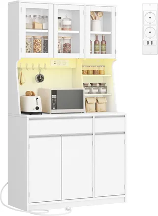 OEM Credenza Cucina, Mobile Buffet, Armadio Domestico Con Multipresa E Striscia Luminosa A Led, Piano Di Lavoro E 2 Cassetti, Ripiani Regolabili, Cucina, 