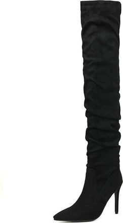 Generic Womens Fashion Thigh High Pointed Toe Stiletto High Heel Slouchy Ruched Wide Calf Winter Party Wedding Shoes (Black,7.5)