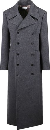 The Nina Studio Long Double-Breasted Coat With Classic Lapels In Grey Wool