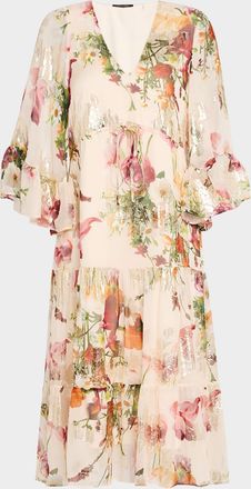 Kobi Halperin Limone Tiered Floral-Print Fil Coupe Midi Dress