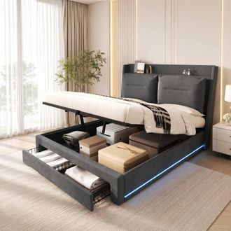 Merax 5FT King Size Velvet LED Ottoman Storage Bed with Cushion Headboard in Grey