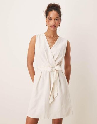 Vila linen blend wrap front mini dress with tie belt in oatmeal-Blue