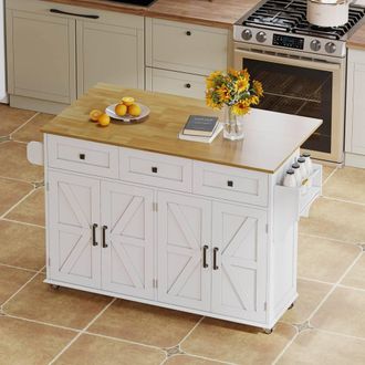 Merax White Barn Style Rolling Kitchen Island with Foldable Worktop