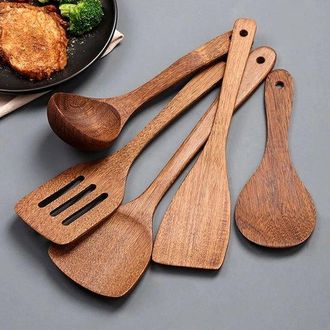 OEM Juego De 5 Cucharas De Cocina De Madera, Color Marr&oacute;n, Resistentes A Los Ara&ntilde;azos Y Al Calor