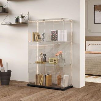 OEM Vitrina De Vidrio Con Puerta Para Objetos De Colecci&oacute;n - Iluminaci&oacute;n Led Multicolor - 3 Estantes - Vidrio Templado Blanco Moderno Para Salones