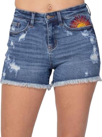Judy Blue Hi-Rise Sun Embroidery Cutoff Shorts In Blue