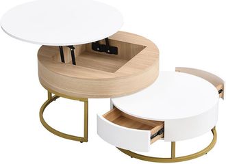 STILVORA Mesas De Centro Nido Con 2 Cajones Y Tablero Elevable, Brillo Blanco, En Mdf, Blanco, 70&times;70&times;42/56,5 Cm