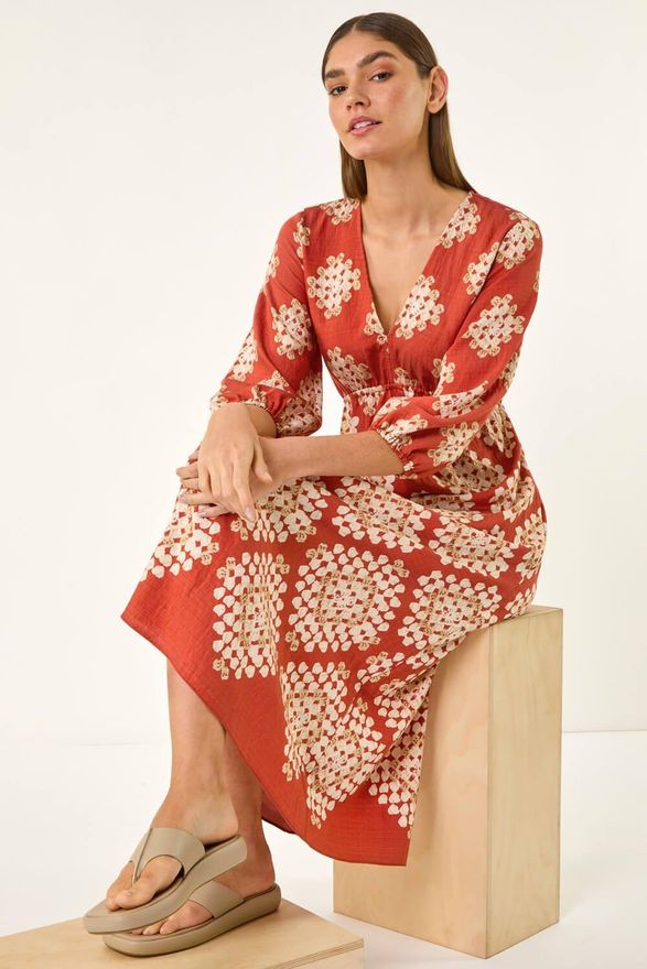 Geo Print V-Neck Midi Dress