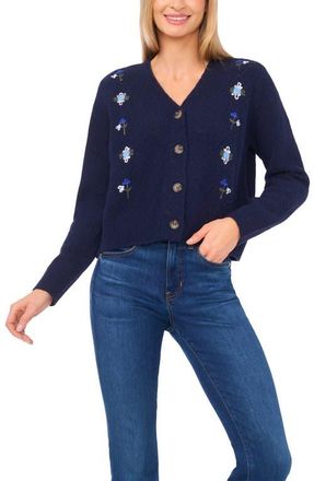 CeCe by Cynthia Steffe Floral Embroidered Pointelle Stitch Cardigan in Classic Navy at Nordstrom, Size Xx-Large