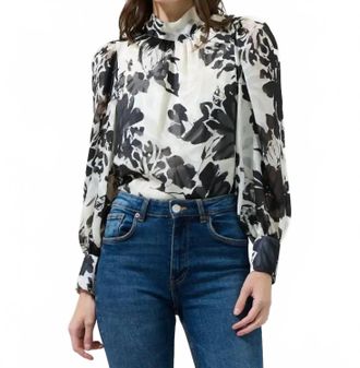 Sugarlips Nerine Floral Hillary Tana Long Sleeve Blouse In White/ Black
