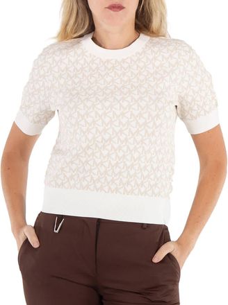 Michael Kors Ladies Bone Logo Jacquard Short-Sleeve Sweater