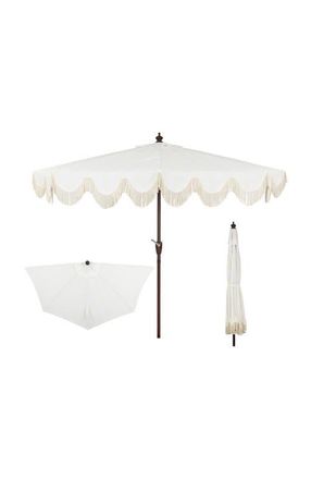 Jonathan Y Designs Beverly 9 ft. Designer Classic Scalloped Fringe Half Market Patio Umbrella with Crank, Push Button Tilt and UV Protection in Cream/white
