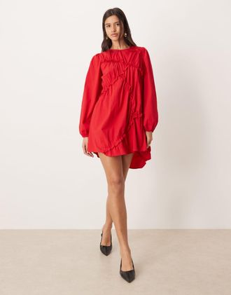 Ghospell Vestito corto in misto cotone testurizzato rosso asimmetrico e con arricciatura