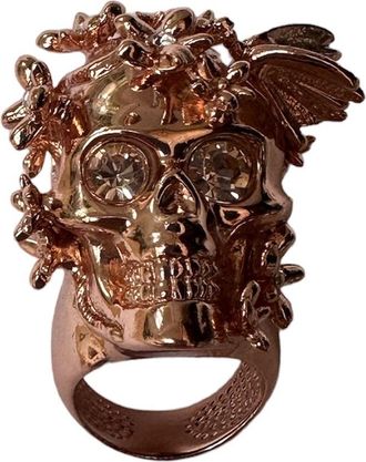 Alexander McQueen Rose Gold Metal Floral Skull Ring