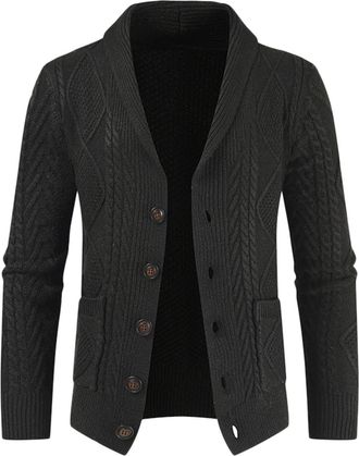 Generic Mens Long-Sleeve Soft Touch Shawl Collar Cardigan Mens Cardigan Sweaters Shawl Collar Long Sleeve Button-Down V-Neck Collar Front Pockets Cable Knit S
