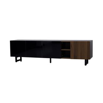 STILVORA Mueble Tv Con 4 Puertas Sin Tiradores Y Nichos, Frentes Negro Brillo, Estilo Moderno, En Mdf, 180&times;38&times;50 Cm, Negro/natural
