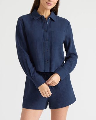 Ellen Tracy Womens Double Gauze Button Front Shirt