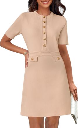 Merokeety Womens Knit Bodycon Sweater Dress Button Short Sleeve Crew Neck Elegant Formal Mini Dress, Khaki, XL