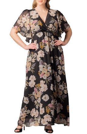 Kiyonna Carmella Flutter Sleeve Gown in Midnight Peony Print at Nordstrom, Size 1X
