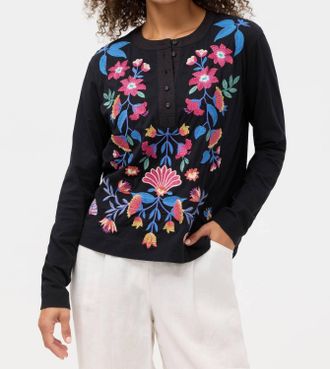 Johnny Was Elizabeth Mixed Media Henley T-Shirt In Black