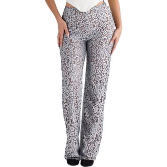 House of CB Mara Floral Lace Straight Leg Trousers in Silver at Nordstrom, Size X-Small