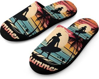 Generic Hawaii Summer Surfing Warm Mens Slippers Slip On Soft Fleece House Shoes Winter Indoor Outdoor