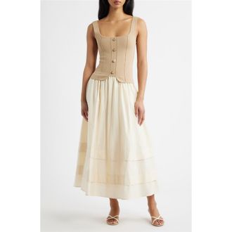 Moon River Mixed Media Midi Dress in Khaki at Nordstrom, Size Medium
