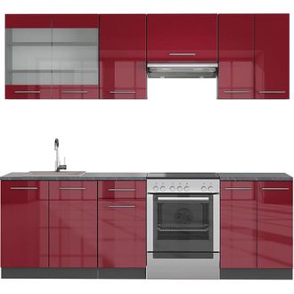 Vicco Armarios De Cocina Fame-line, Rojo Burdeos Alto Brillo, 240 Cm Sin Encimera, Vicco