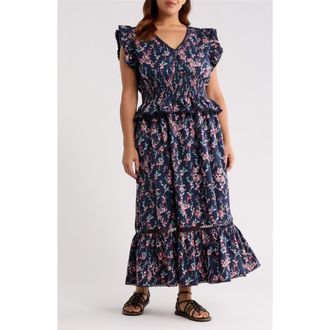Treasure & Bond Floral Flutter Sleeve Peplum Maxi Dress in Navy Lilibet Floral at Nordstrom, Size 2X