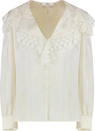 Chlo&eacute; Maxi-kraag Blouse in Zijde Jacquard & Kant - Dames - Blouses - Wit - S - Katoen - Overhemden