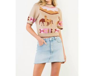 THML Clothing Western - Inspired Short Sleeve Sweater In Beige