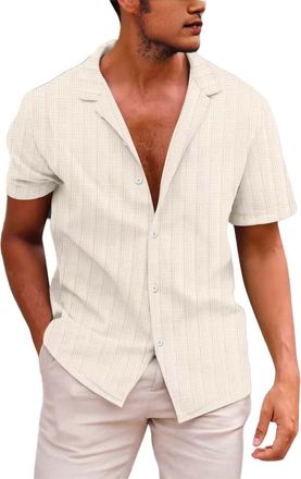 Generic Shirts for Men Short Sleeve Textured Shirt Cuban Guayabera T-Shirt Summer Button Down Tops Tee Casual Collared Blouse Camisas para Hombres(Beige, M)