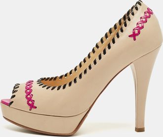Loriblu Beige Leather Peep Toe Colorblock Pumps