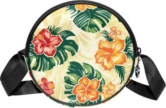 Generic Circle Crossbody Bag for Women, Hawaiian Flowers Small Sling Bag Daypack with Zipper Adjustable Shoulder Straps Casual Ladies Girls Round Purse