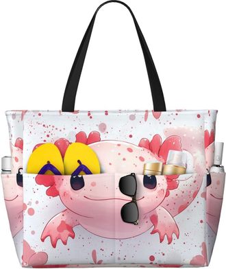 Generic Cute Axolotl Print Large Beach Bag Foldable Travel Shoulder Tote Bag With Pocket For Weekender Pool Vacation