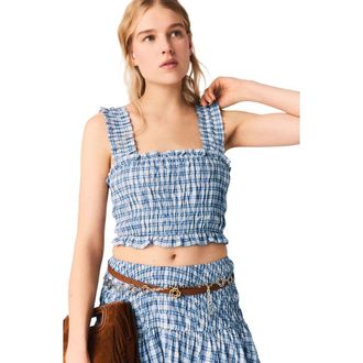 Maje Smocked rhinestone cotton top in Blue Check Print at Nordstrom, Size X-Small