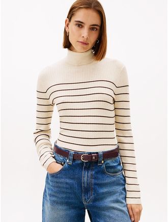 Tommy Hilfiger Womens Stripe Rib-Knit Turtleneck Sweater - Beige - XXL