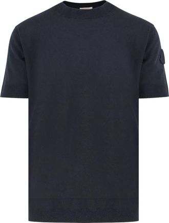 Moncler Blauwe Trui Geribbeld Korte Mouw Zijde Katoen - Heren - T-shirts - Blauw - XL - Katoen - Tops