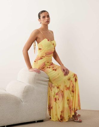 Asos Vestito a sirena in rete gialla a fiori con inserto a contrasto sul busto-Giallo