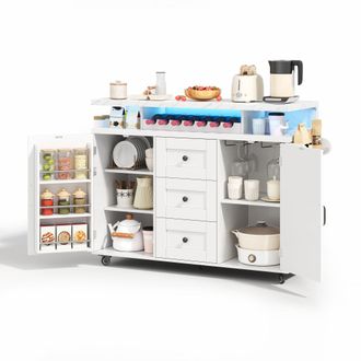 STILVORA Isla De Cocina Con 2 Puertas, 3 Cajones, Encimera Plegable Y Led, En Mdf, 138x60x93 Cm, Blanco