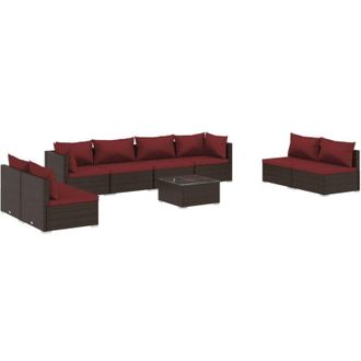 vidaXL Set Muebles De Jard&iacute;n 9 Piezas Y Cojines Rat&aacute;n Sint&eacute;tico Marr&oacute;n Vidaxl