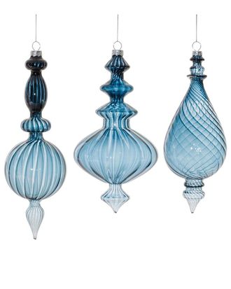 Melrose International Set Of 6 Blue Ribbed Glass Finial Drop Ornament