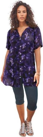 Roaman's Plus Size Angelina Crinkle Crepe Y Neck Short Sleeve Tunic in Black Spray Floral at Nordstrom, Size 12