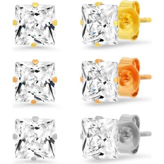 HMY Jewelry 3-Pack Cubic Zirconia Square Stud Earrings in Metallic-Yellow-Rose at Nordstrom Rack