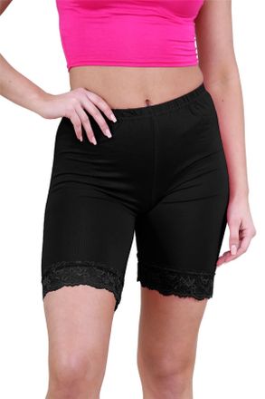 Janisramone Womens Scallop Lace Trim Cycling Shorts Stretchy Elasticated Waist Skinny Fitness Yoga Gym Shorts, Stylish Women Activewear Summer Hot Pants Black
