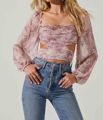 Astr Savita Cutout Ruched Top In Pink Abstract